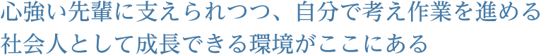 心強い先輩に支えられつつ、自分で考え作業を進める。社会人として成長できる環境がここにある。